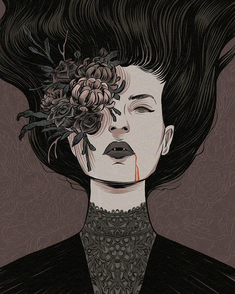 Vampire woman with flowers growing out of one eye