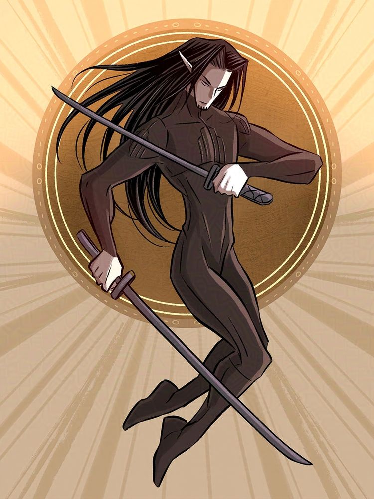 Art of my elf OC Fenoril in a black bodysuit holding dual katanas. A gold disc hangs in the air behind him.