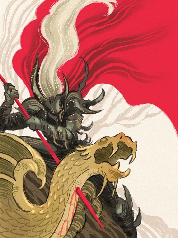 Art of a knight  in black armor and a red cloak, stabbing a dragon with a red lance. Vaguely based off the story of St George and the dragon.