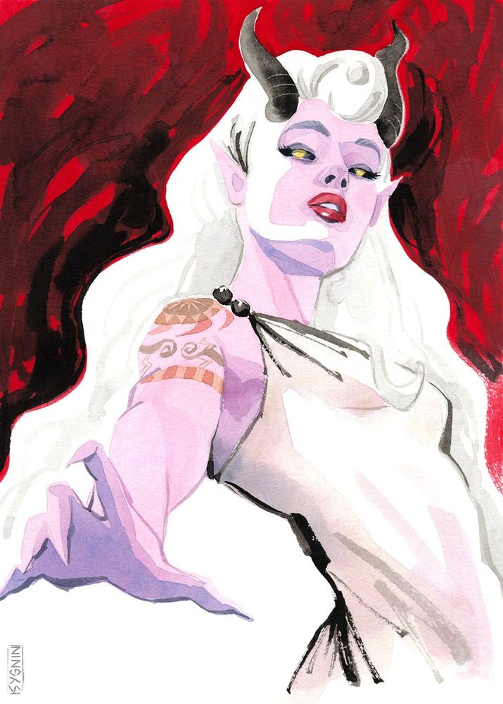 Watercolor of Vyss. Pink lady demon with horns and white hair. Owned by Carmine.