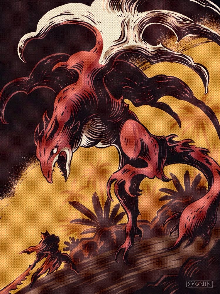 Art of a dragon like creature staring down a hunter. Monster Hunter fanart