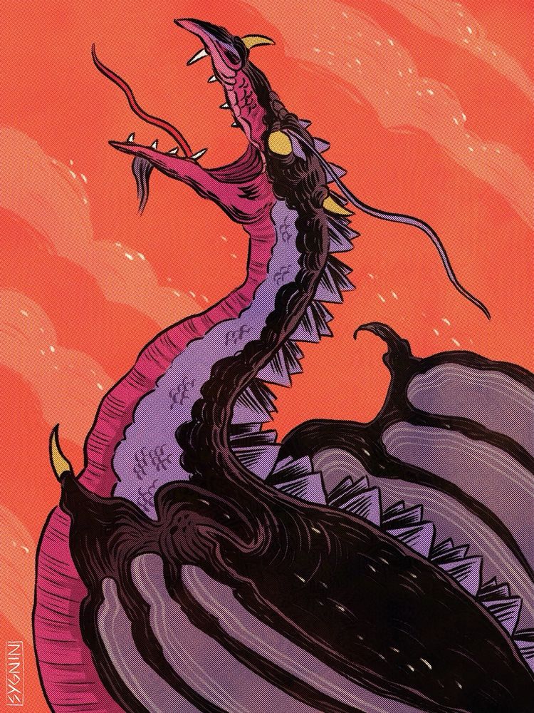 Fanart of evil dragon Bryagh, Flight of Dragons. Black and purple dragon roaring into sky.