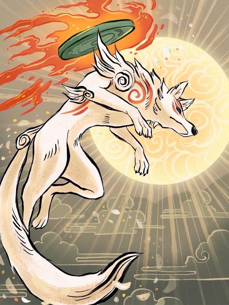 Art of Amaterasu from Okami. White wolf with red markings and a flaming disc floating above her back, jumping up in front of the sun.