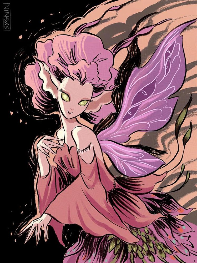 art of a fairy creature. her dress and hair look like they were made from petals.