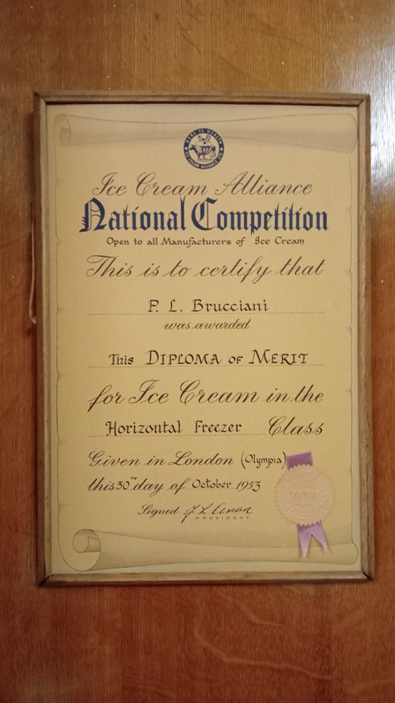 Certificate: Ice Cream Alliance National Competition 1953 - PL Brucciani - Diploma of Merit in the Horizontal Freezer Class. 