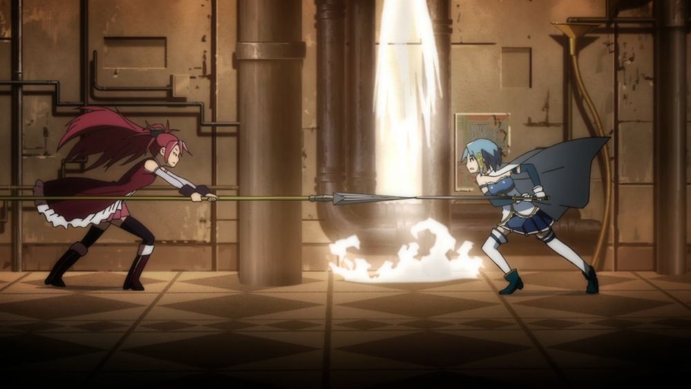 kyouko and sayaka with their spear and sword touching. kyouko's spear is way longer than sayaka's sword