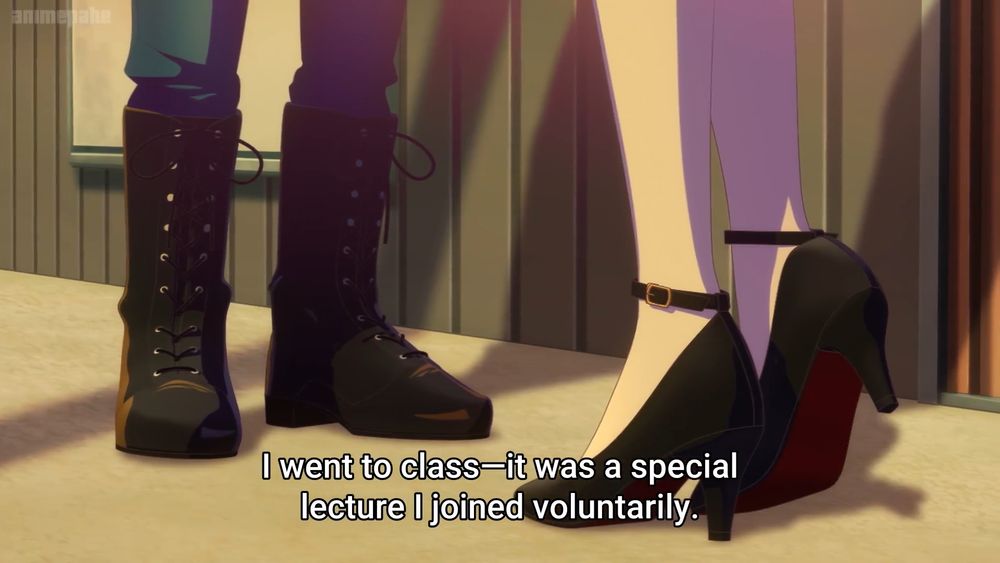 nyamu in cute heels raising her back heel in a flirtation manner in front of layer, in tall laced boots