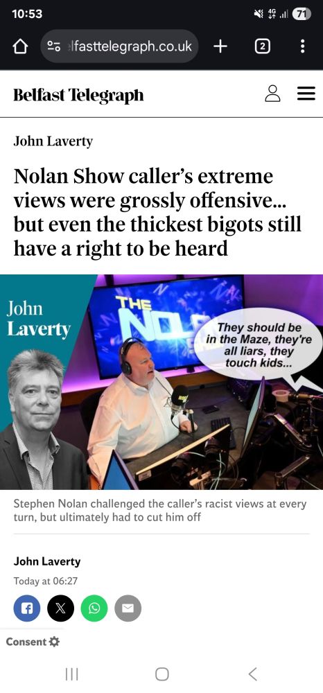 The image is a screenshot of an article from the Belfast Telegraph website. The headline reads, 