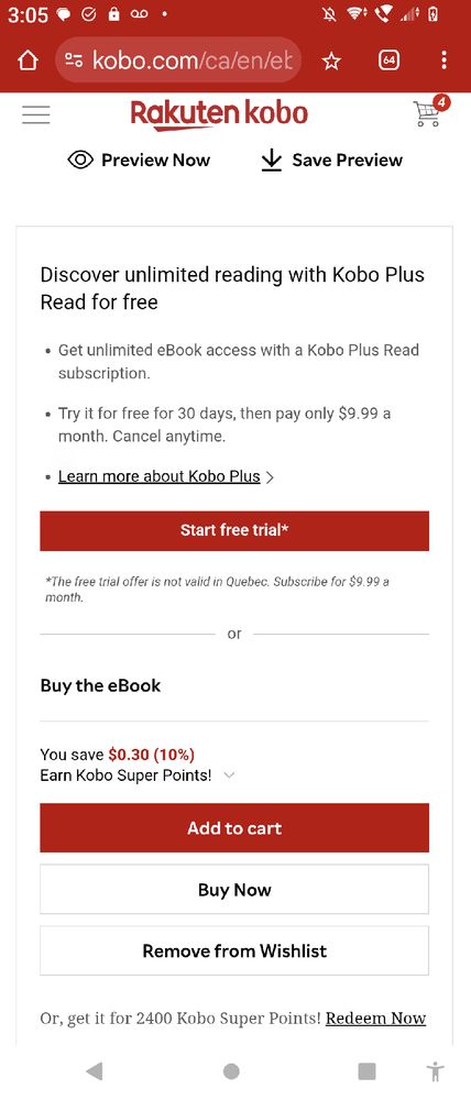 a screenshot of the Kobo bookstore website showing the issue described in the post - the price of the book has vanished