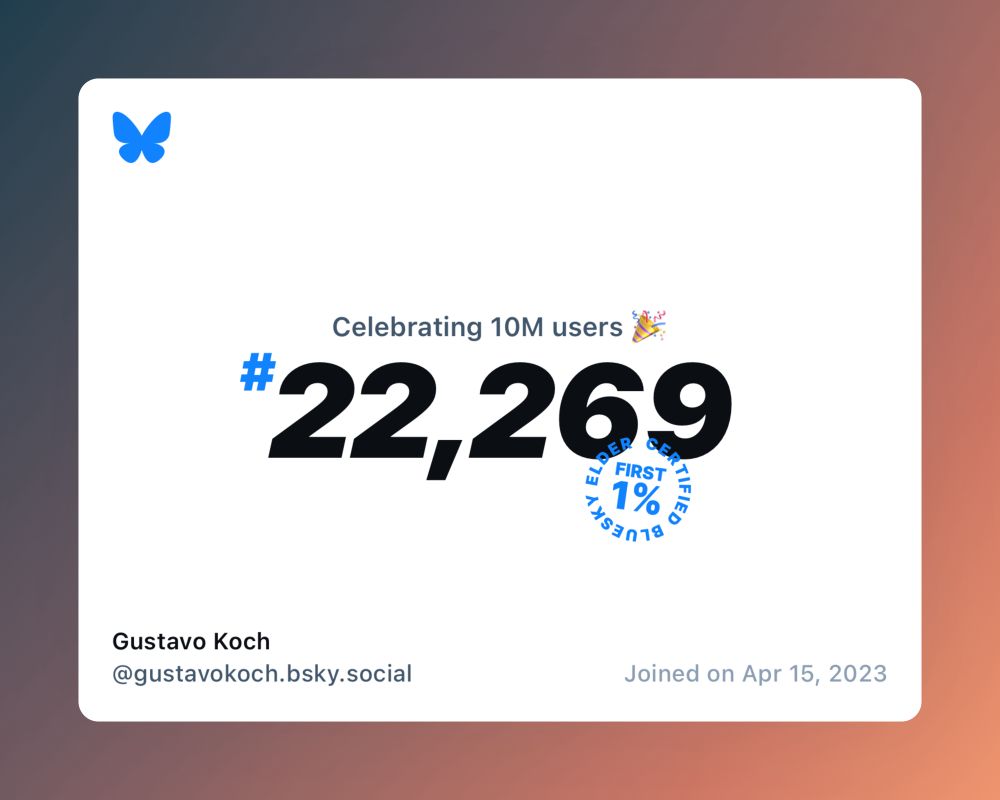 A virtual certificate with text "Celebrating 10M users on Bluesky, #22,269, Gustavo Koch ‪@gustavokoch.bsky.social‬, joined on Apr 15, 2023"