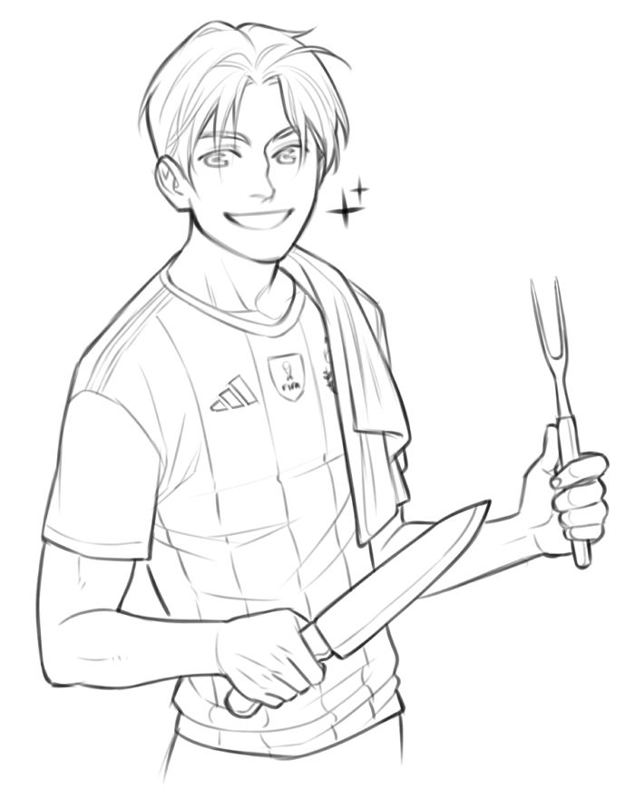 Martín sorrindo usando a camisa da Argentina, com um pano de prato no ombro, uma faca grande em uma mão e um garfo trinchante na outra. A ideia é que ele esteja fazendo churrasco/asado, mas essa parte não está incluída porque me deu preguiça.