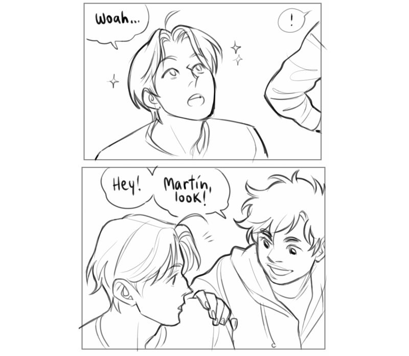 1) Martín olhando para cima, agora de frente, impressionado. Ao seu lado, vemos só o cotovelo de Luciano. 

2) Luciano se aproxima e segura o ombro de Martín para chamar sua atenção. Ele diz: "Ei! Martín, olha só!"