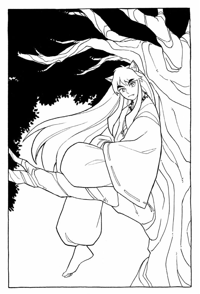 Ink on paper drawing of Inuyasha sitting on a tree branc, his hair blowing in the wind, one foot dangling down, staring at the viewer.