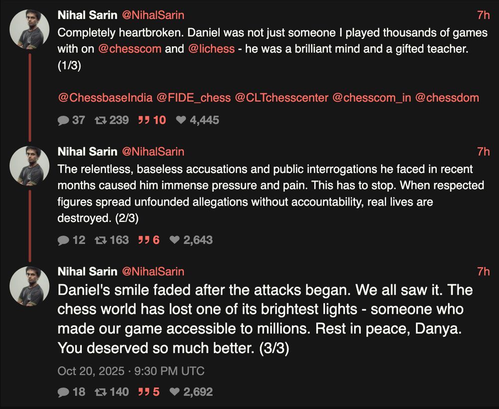 Nihal sarin tweets: "Completely heartbroken. Daniel was not just someone I played thousands of games with on @chesscom and @lichess - he was a brilliant mind and a gifted teacher. @ChessbaseIndia @FIDE_chess @CLTchesscenter @chesscom_in @chessdom
The relentless, baseless accusations and public interrogations he faced in recent months caused him immense pressure and pain. This has to stop. When respected figures spread unfounded allegations without accountability, real lives are destroyed. 
Daniel's smile faded after the attacks began. We all saw it. The chess world has lost one of its brightest lights - someone who made our game accessible to millions. Rest in peace, Danya. You deserved so much better."