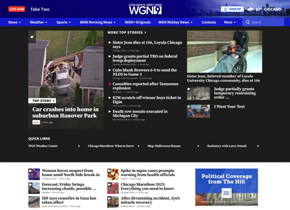 wgn9 website homepage. no mention of ICE, no mention of their own journalist's arrest