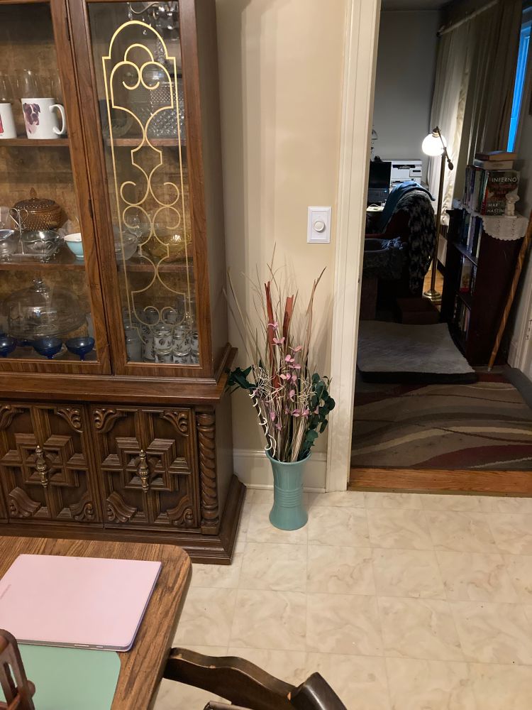A china cabinet to the left of a dried flower arrangement. To the right is an open door leading to my living room.