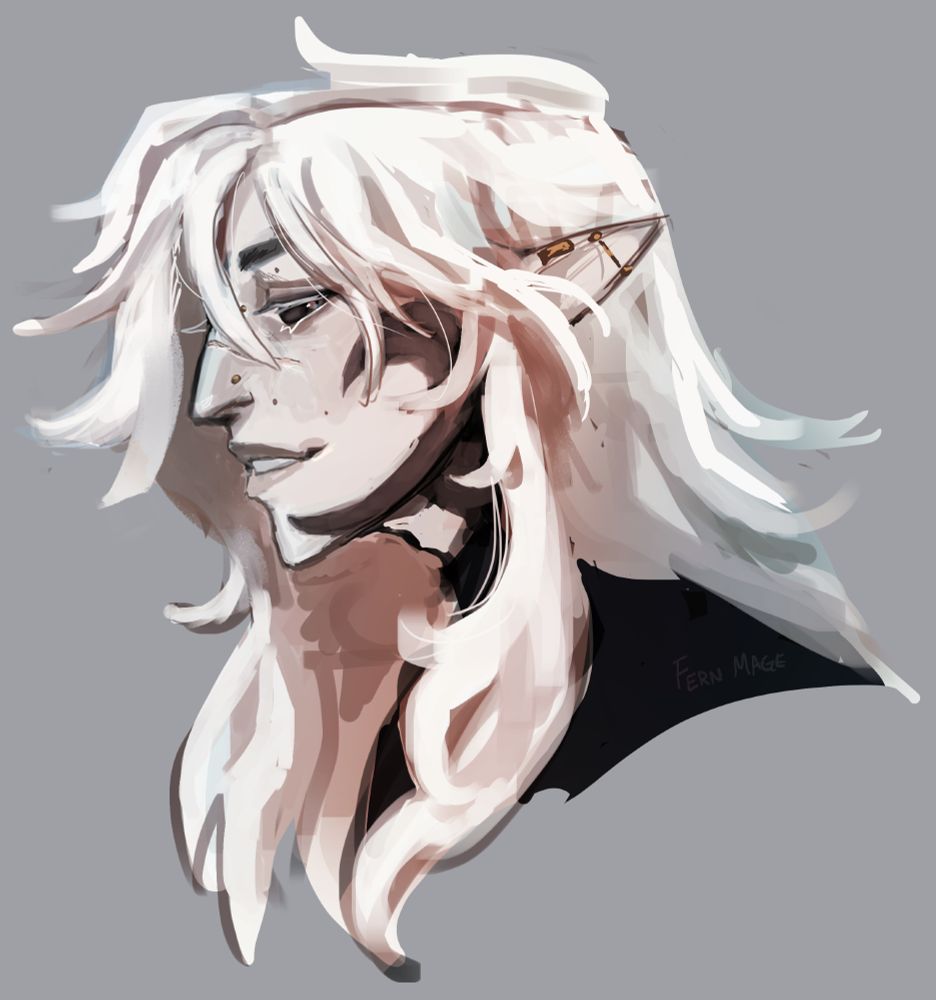 a drawing of larkspur (@mryolky's oc) he is smiling and looking to the side.