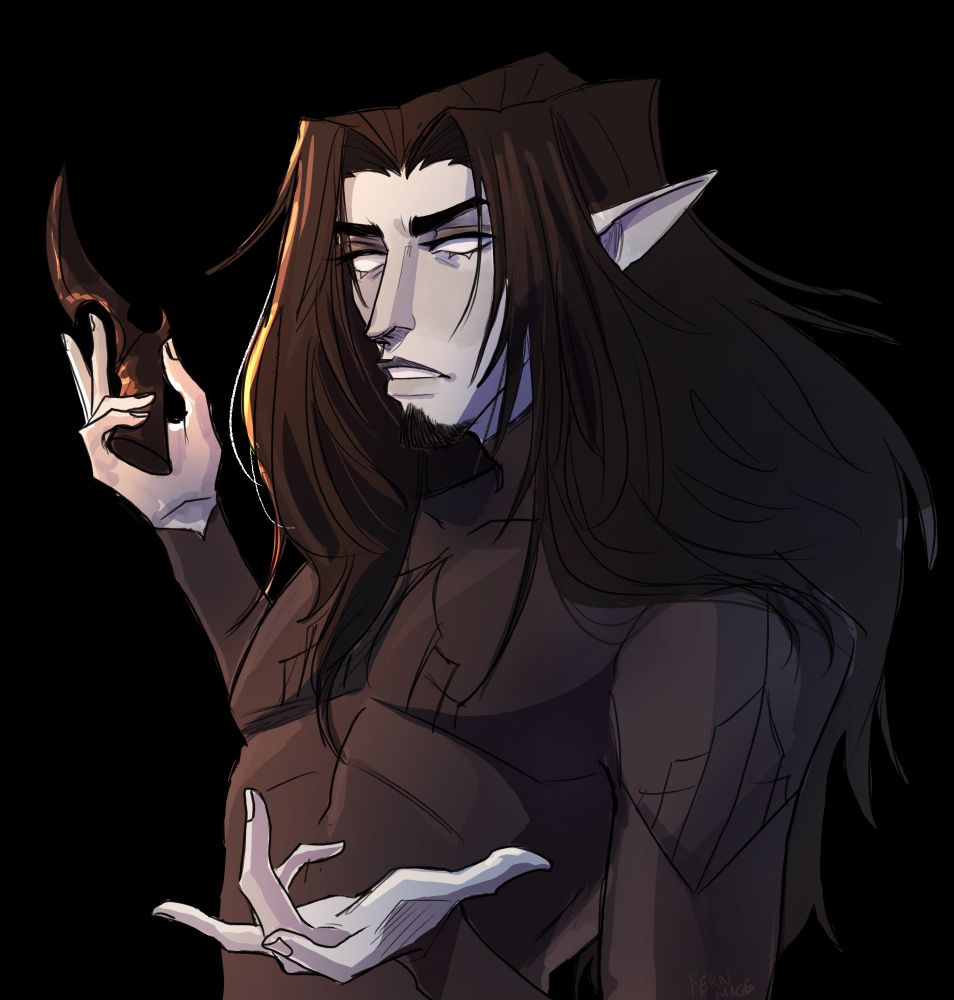 A drawing of an elf, he is shrugging and holds a dagger in one hand
