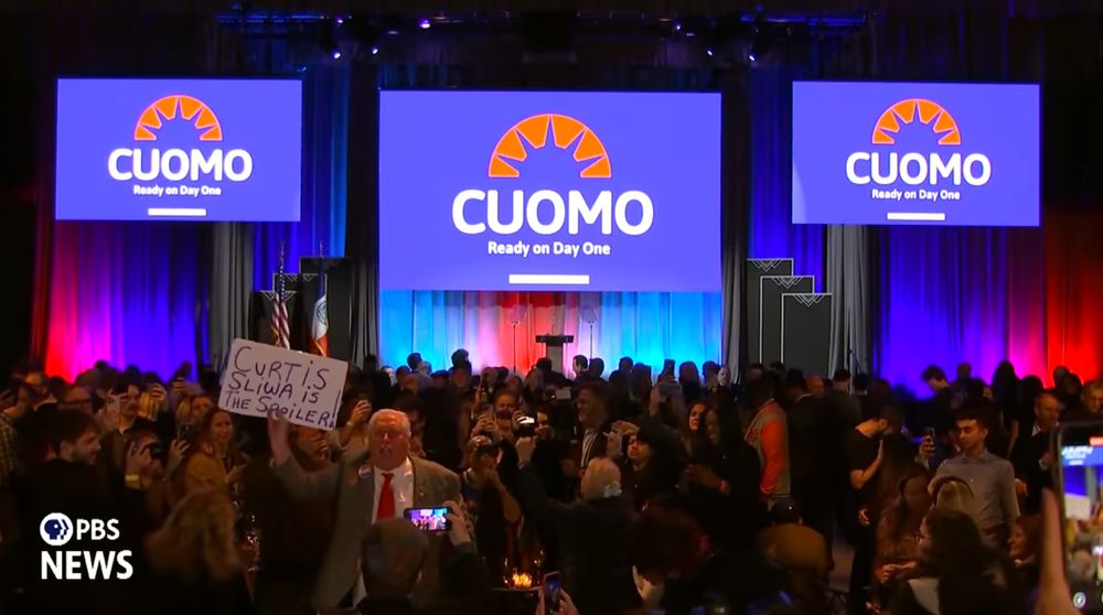 some old dude crashes the Cuomo election party. i dont really know whats actually going on here.