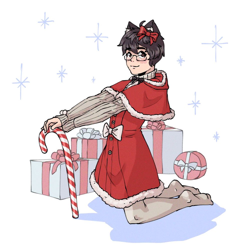 Art of Jo in winter wear in a pinup pose with a candy cane and presents and blue sparkles behind him