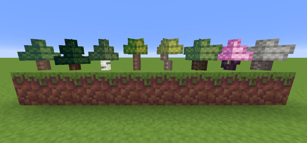 a showcase of new original saplings for JoCat's custom minecraft resource pack