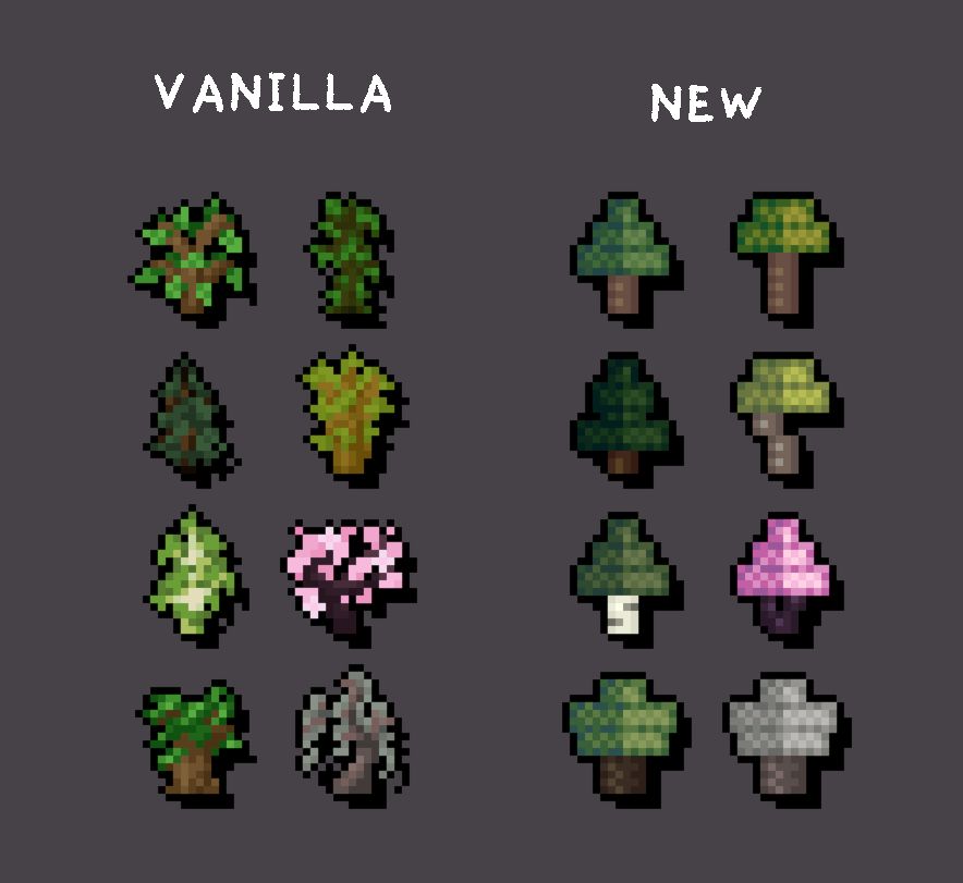 a showcase of new original saplings for JoCat's custom minecraft resource pack