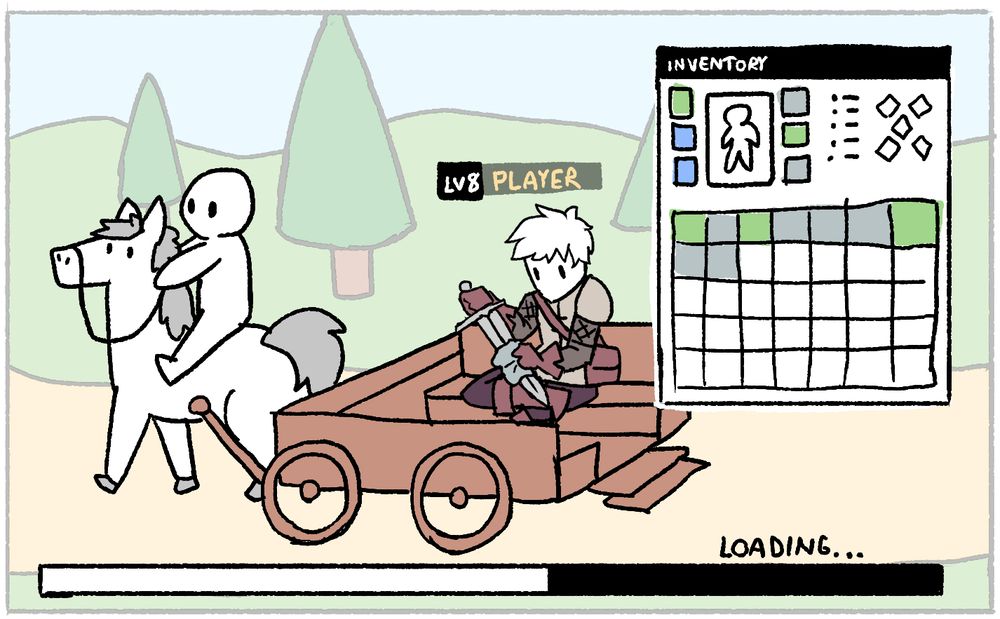 an illustration of Jo's idea, showing a player character sitting in a horse-drawn cart, maintaining their equipment, and an implied inventory menu to the side being opened up by the player. All of this is depicted as during a loading screen, with the bar at the bottom of the "screen" of the illustration.