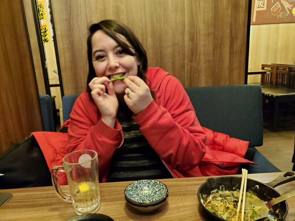 Echo in the middle of eating edamame in a restaurant