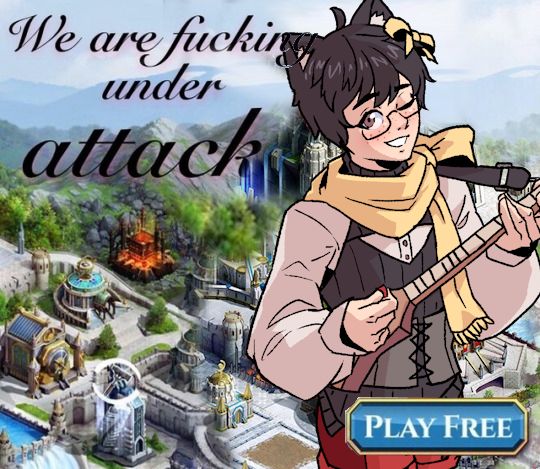 A drawing of JoCat photoshopped over a screenshot of a typical predatory idle mobile game with the caption "We are fucking under attack" written in script, and a button prompt in the bottom right "Play Free"
