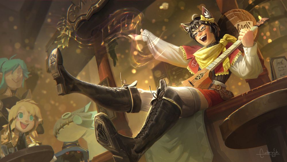 Splash art of JoCat performing with his strum stick while sitting on top of the counter in the Sword and Board Tavern