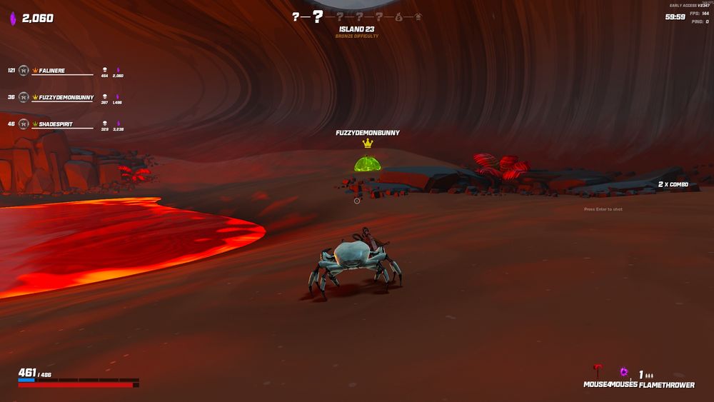 Crab champions volcano environment, full of red, with a green rock in the middle