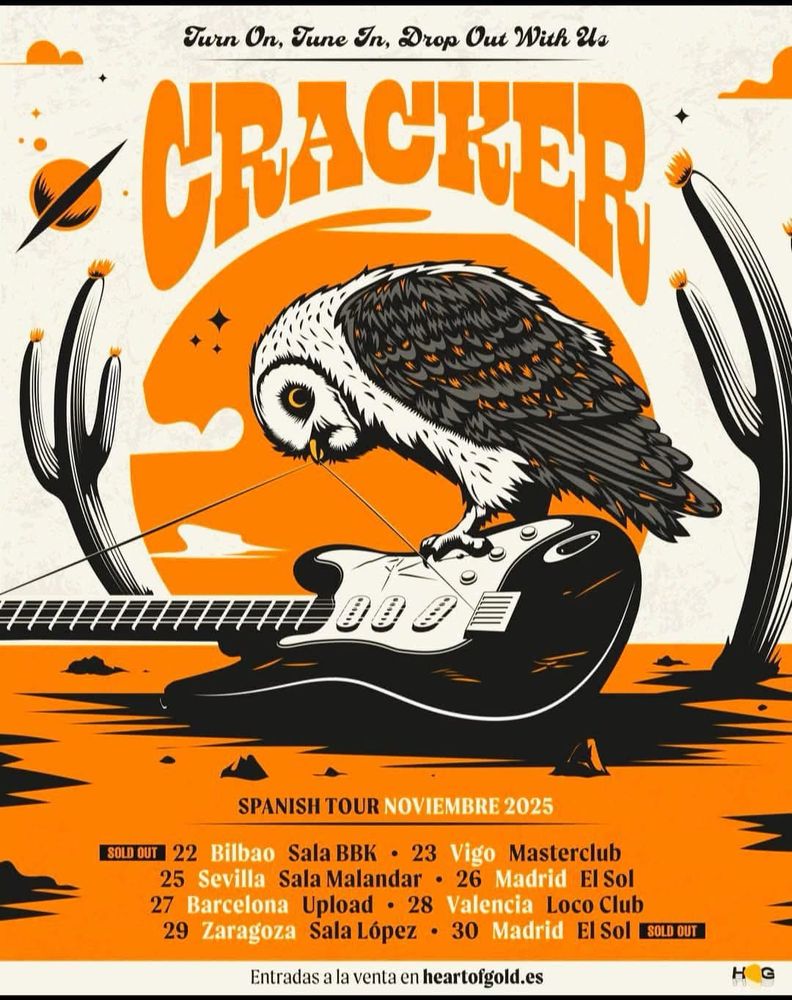 A tour post for the band Cracker for their tour in Spain. Pictured is an Owl perched on a guitar with tour dates below it. 