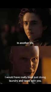 paul dune from dune with the big bad bald boy saying "in another life, i would have really liked just doing laundry and taxes with you"
