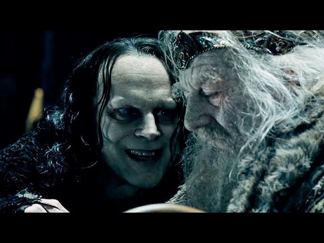grima wormtongue speaking to some guy on a throne wearing a fancy hat. very pale skin, both of them. one on the brink of death
