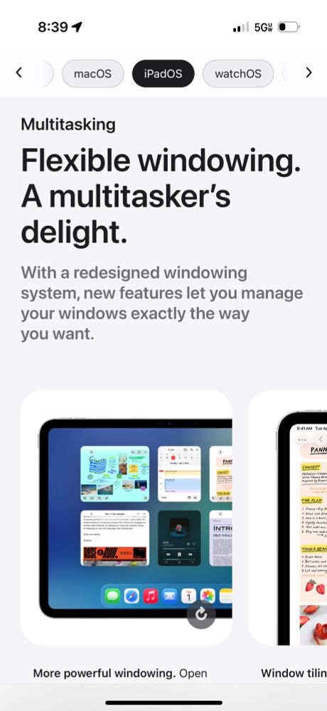 Apple's iPadOS 26 website showing off the new iPad windowing system