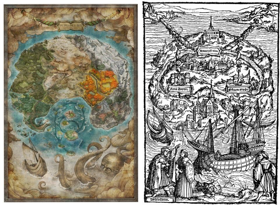 World map of Metaphor:Refantazio and the map of its inspiration, Utopia.