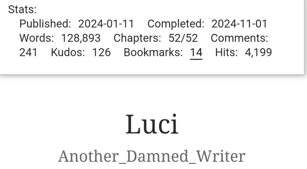 My original novel, Luci.

https://archiveofourown.org/works/52959754/chapters/133970497
