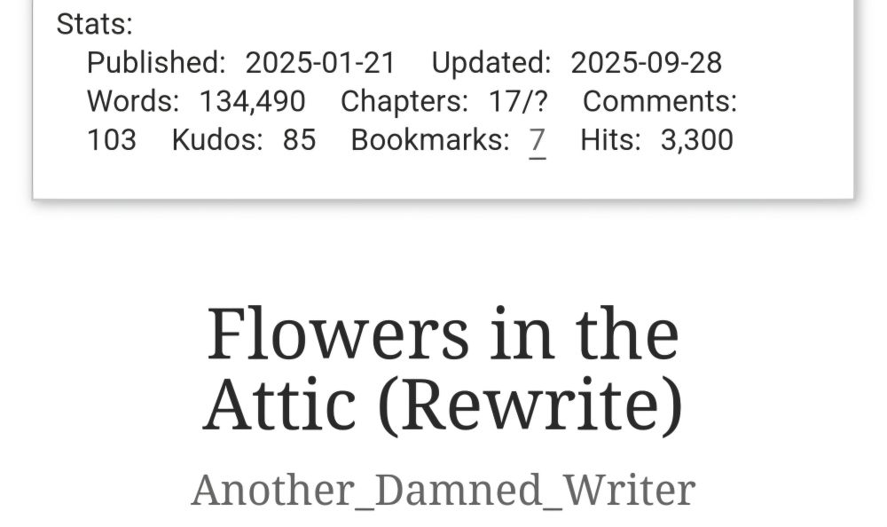 3,300 hits on my Flowers in the Attic Rewrite!

https://archiveofourown.org/works/62382088/chapters/159626977