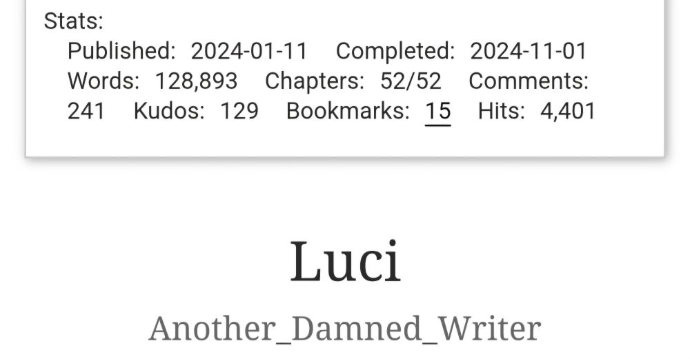 My original novel, Luci!

https://archiveofourown.org/works/52959754/chapters/133970497