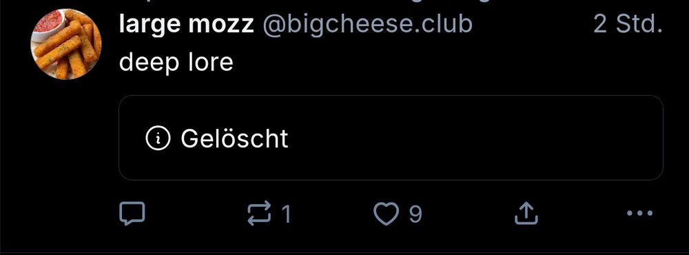 Skeet from @bigcheese.club, that says "deep lore" and refers to a deleted Skeet