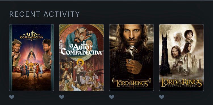 Print da tela do Letterboxd com a informação de atividades recentes: os quatro últimos filmes assistidos. Na imagem possui a foto dos pôsteres dos filmes “O Auto da Compadecida 2”, “O Auto da Compadecida”, “Senhor dos Anéis: O Retorno do Rei” e Senhor dos Anéis: As Duas Torres”. A ordem de assistido por último é contada da esquerda para a direita.
