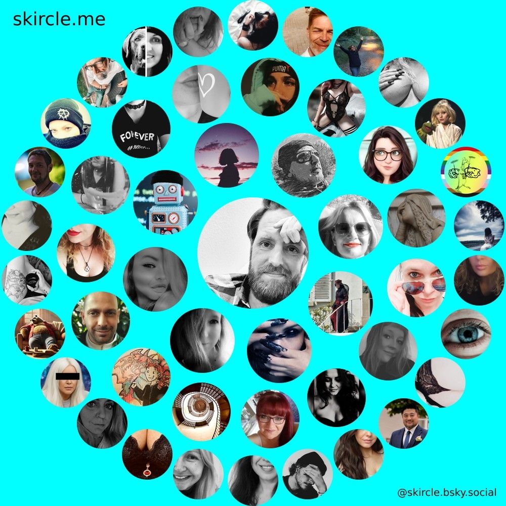 Das Bild zeigt eine Collage aus vielen runden Profilbildern vor einem hellblauen Hintergrund. In der Mitte befindet sich ein größeres Bild des Users. Rundherum sind zahlreiche kleinere Profilfotos angeordnet. Links oben steht die Webseite „skircle.me“, rechts unten der Hinweis „@skircle.bsky.social“.