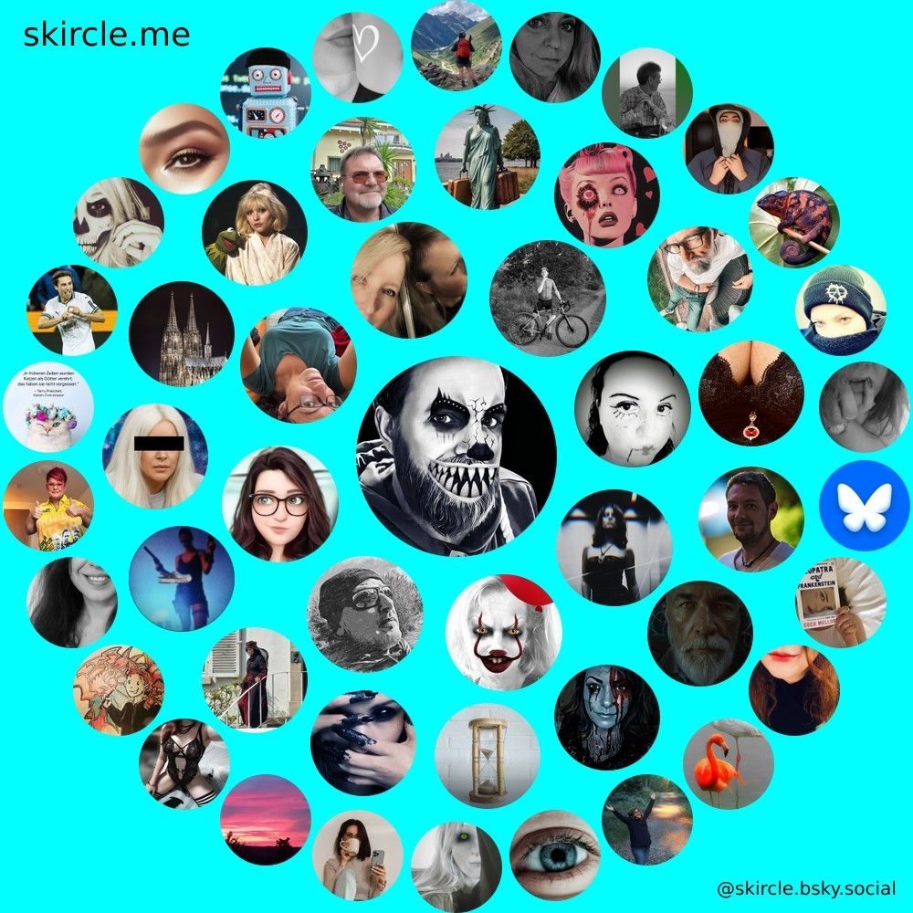 Das Bild zeigt eine Collage aus vielen runden Profilbildern vor einem hellblauen Hintergrund. In der Mitte befindet sich ein größeres Bild des Users. Rundherum sind zahlreiche kleinere Profilfotos angeordnet. Links oben steht die Webseite „skircle.me“, rechts unten der Hinweis „@skircle.bsky.social“.