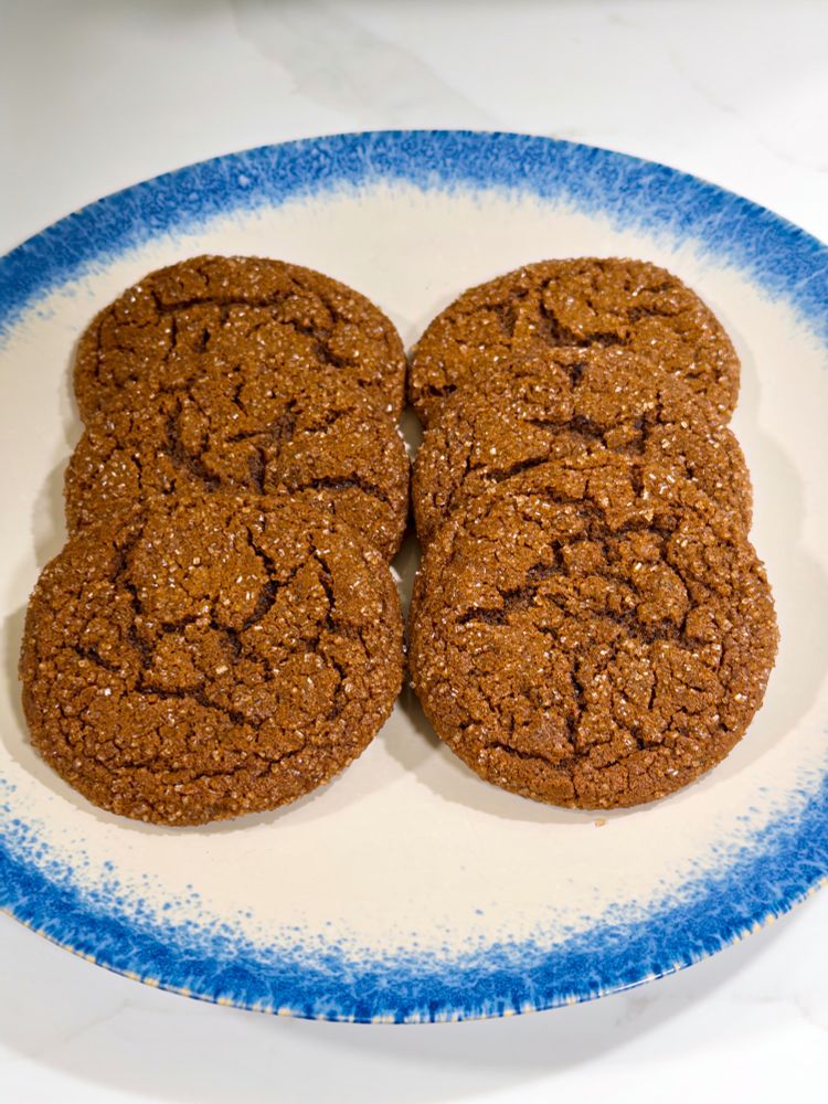 A photo of six ginger molasses cookies on a ceramic plate. The plate is cream colored with a blue speckled edge. 