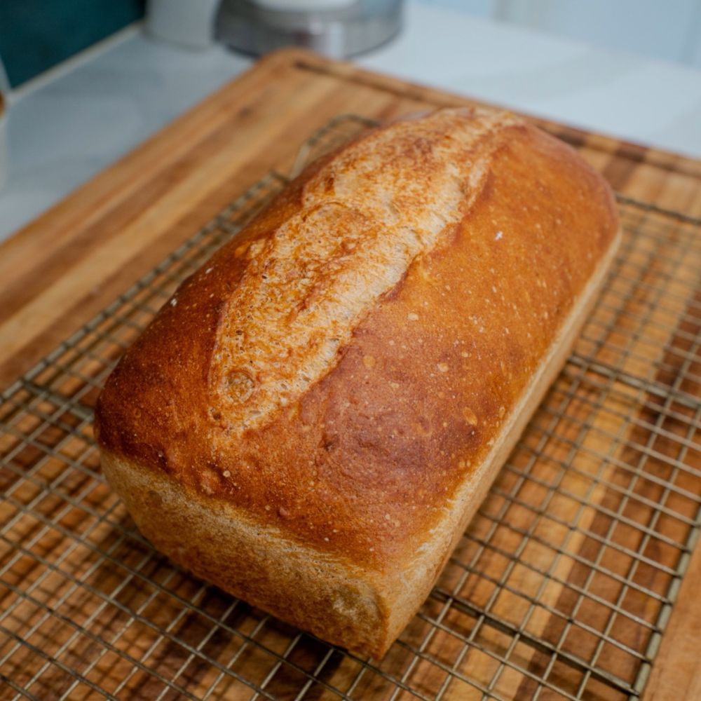 A loaf of sourdough sandwich bread looking from the top down. A rich brown top crust is visible.