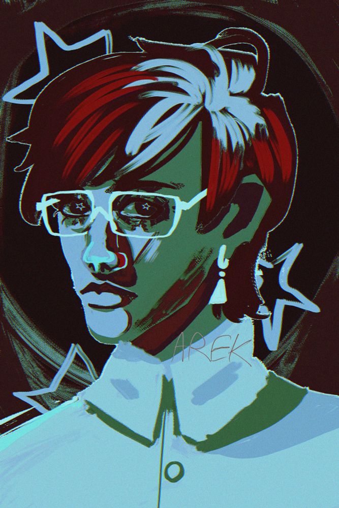 Painted portrait of an original character. He has glasses, short hair and a earring. He's wearing a white shirt. There are stars behind him.
