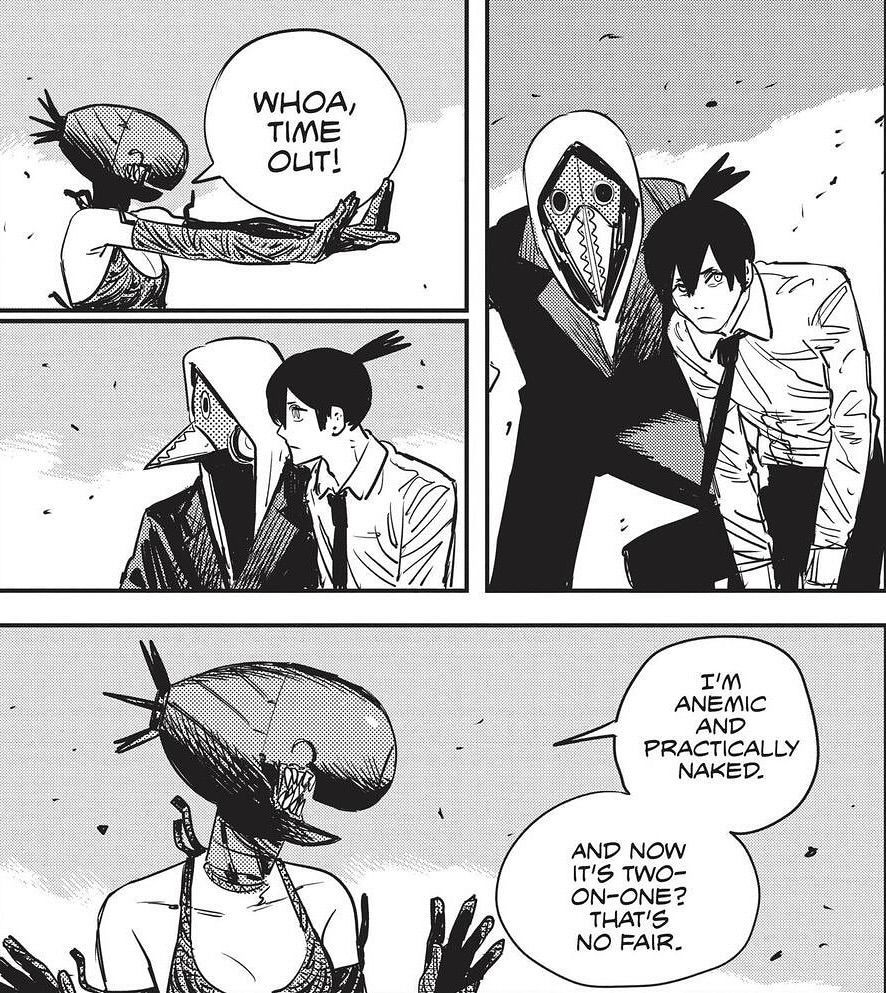 The bomb devil tells both Aki (the human guy) and the violence fiend (the guy with the plague doctor mask) to time out as they stare at her and she explains how unfair it is to go against an anemic and practically naked woman, especially two against one.