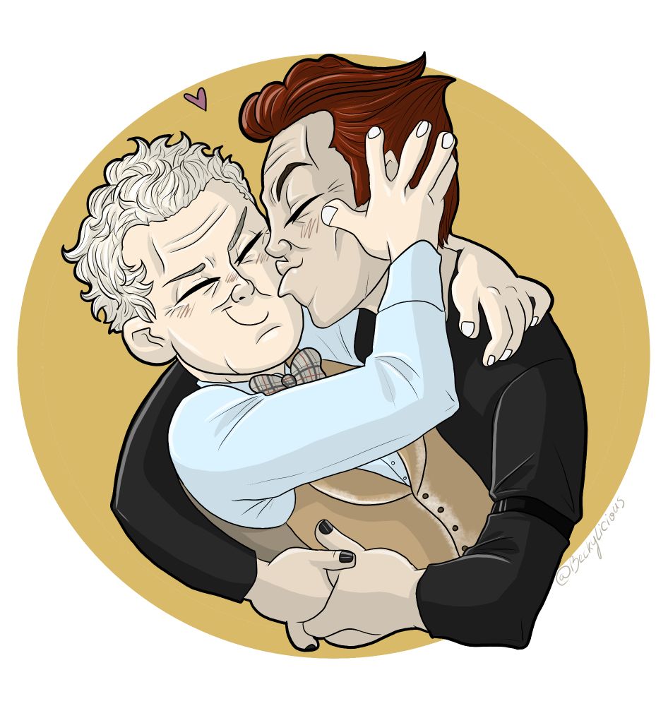 Crowley and Aziraphale cuddling, with Crowley kissing Aziraphale on the cheek