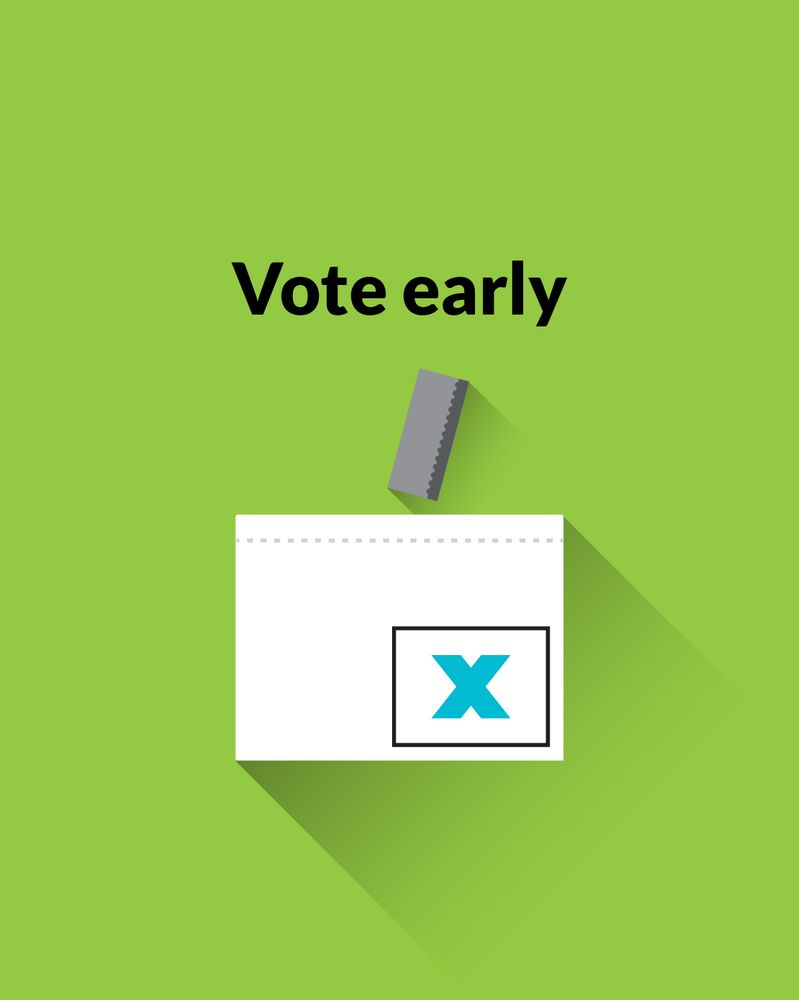 “Vote early” graphic from Elections Canada. It features a stylized illustration of a ballot box with a folded ballot above and the text “Vote early” over a green background.