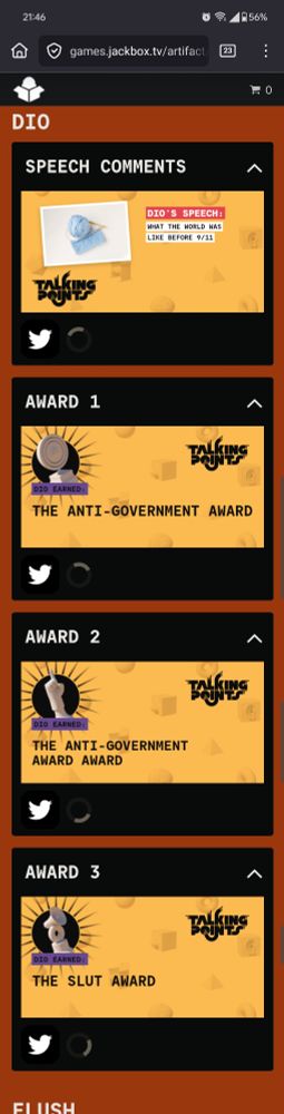 jackbox talking points highlights where my topic was life before 9/11 in which i won, but also was granted by the other players the anti-government award, the anti-government award award, and the slut award